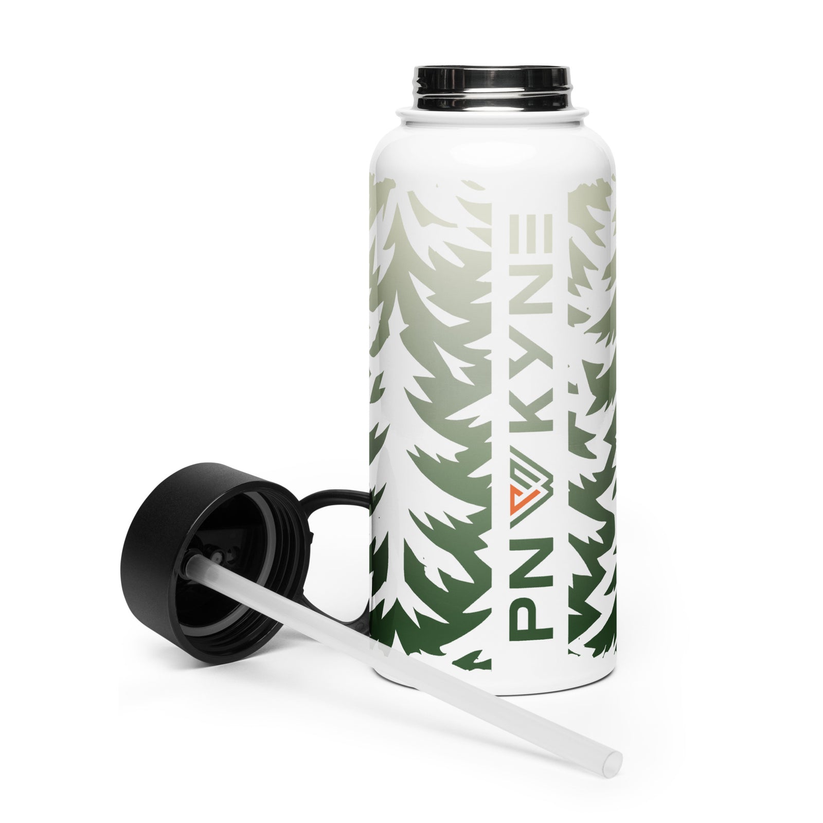 A stainless steel water bottle with a green and white PNW forest design, a black BPA-free straw lid, and a white straw.