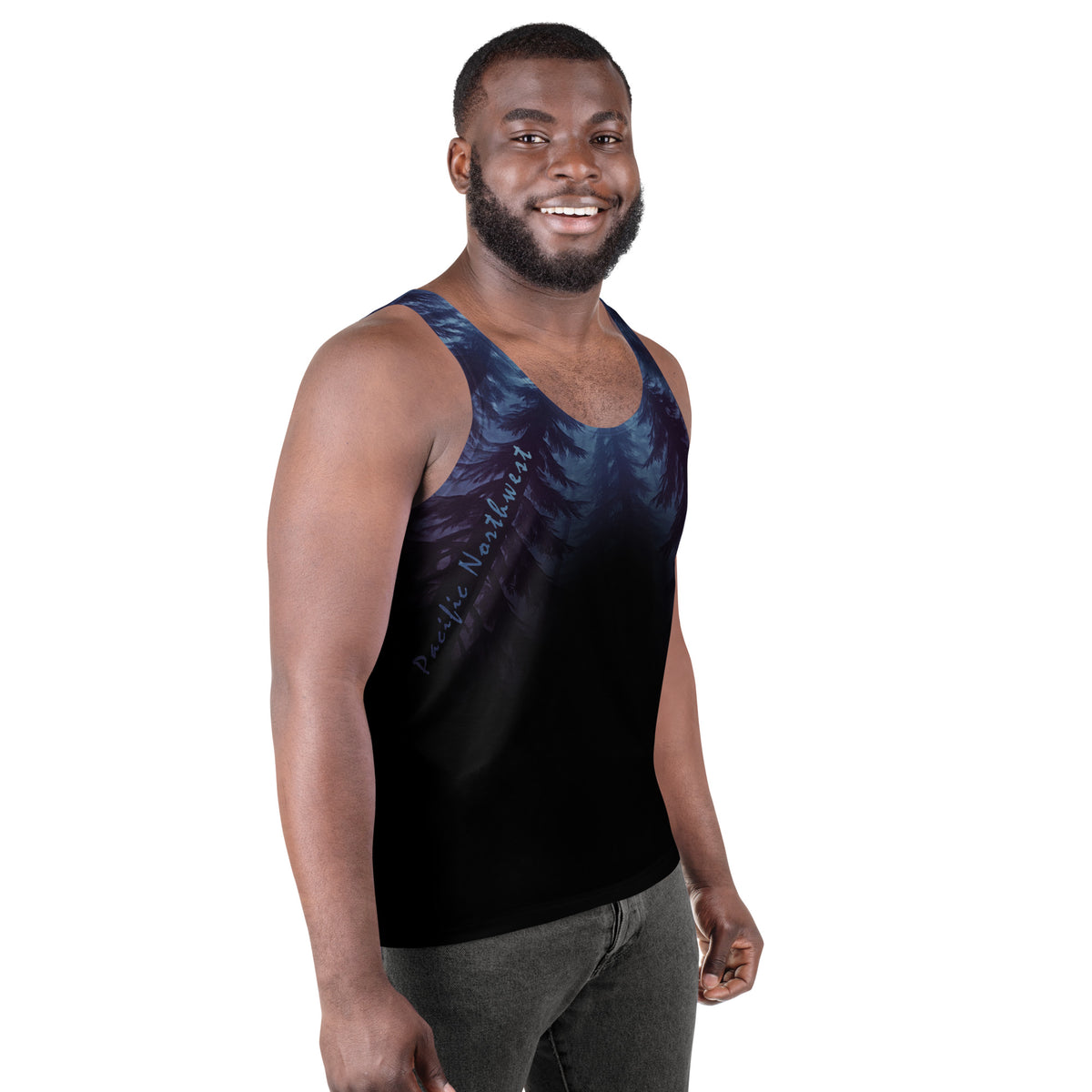 Man wearing a blue tank top Pacific Northwest words over a night-time forest  design, on a white background