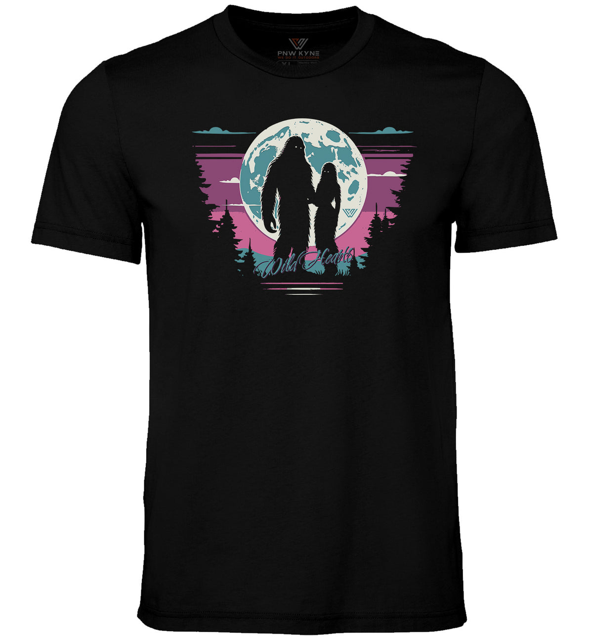 A black short-sleeved crew neck t-shirt with a graphic print of a Bigfoot couple standing under a heart-shaped moon, with pink and blue silhouettes of trees and sky in the background.