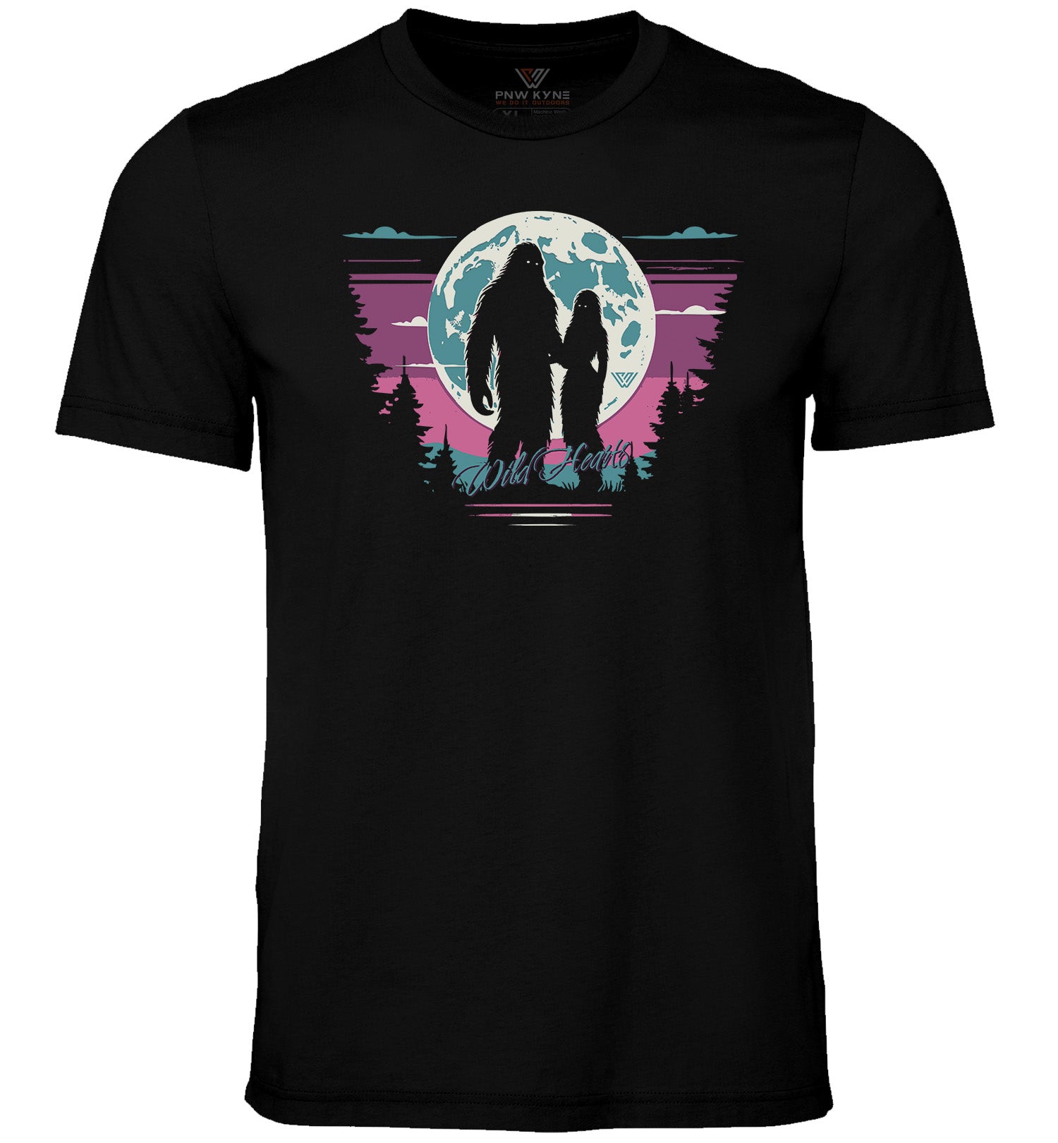 A black short-sleeved crew neck t-shirt with a graphic print of a Bigfoot couple standing under a heart-shaped moon, with pink and blue silhouettes of trees and sky in the background.