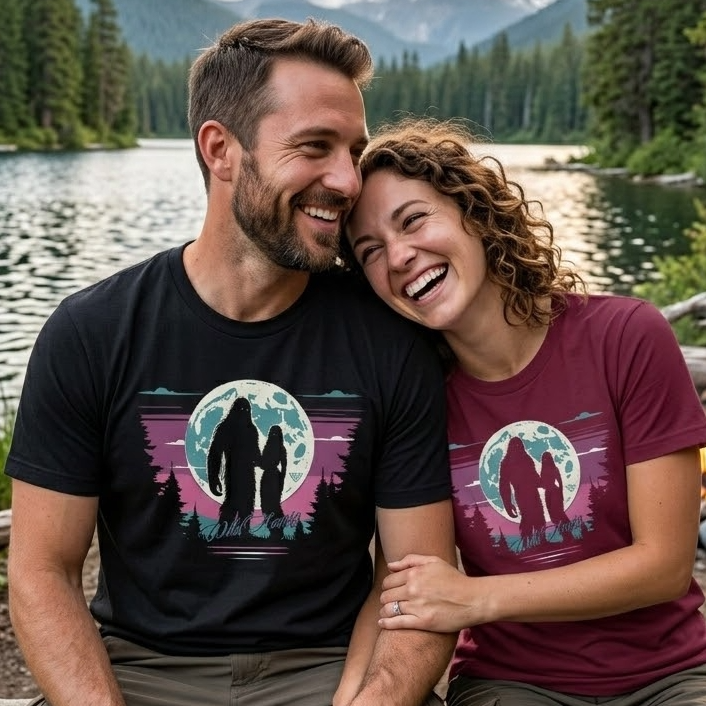Wild Hearts Bigfoot shirt on a man and woman couple by a lake.