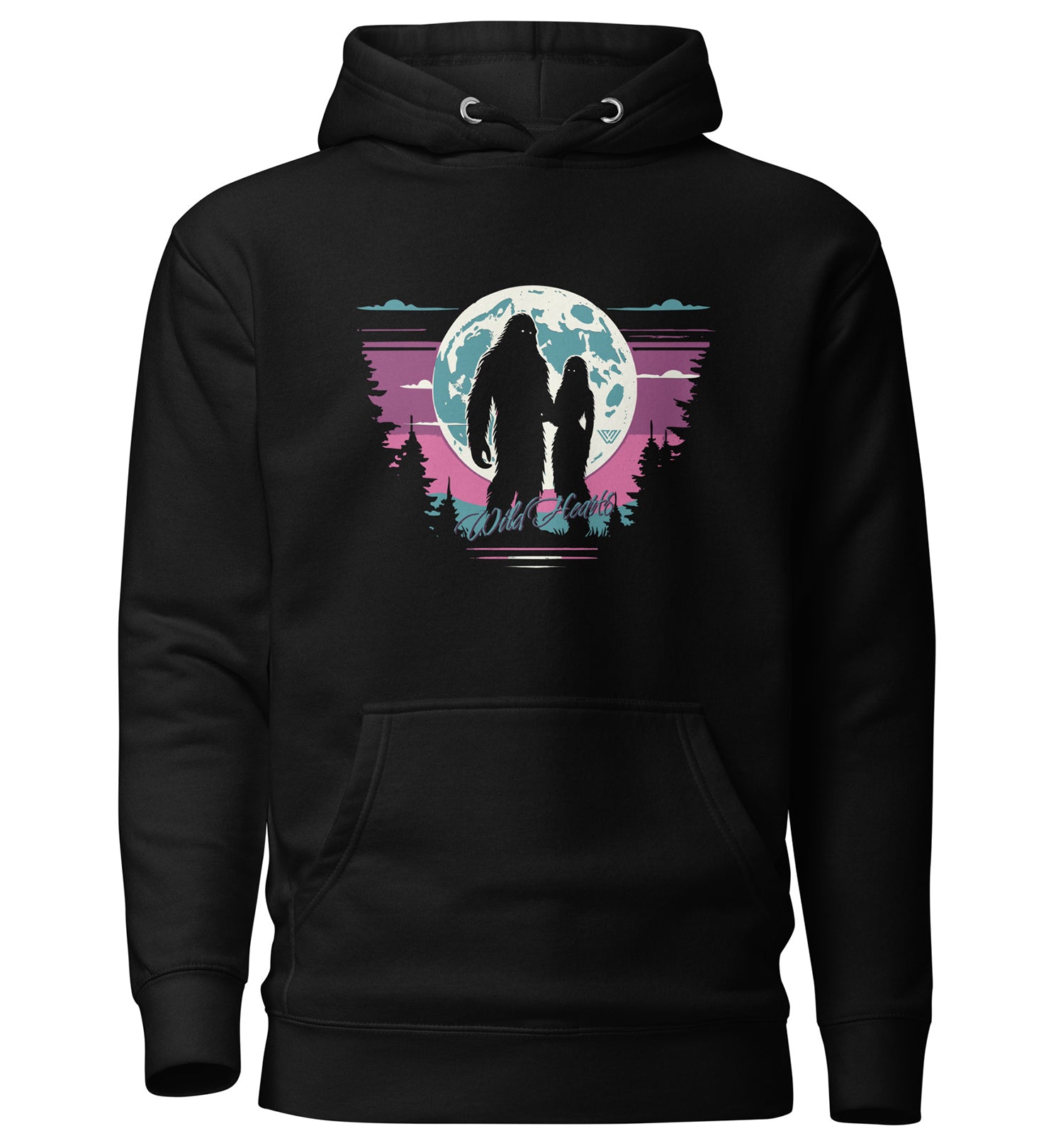 Navy blue hoodie with a graphic of a sasquatch couple under a moonlit sky.