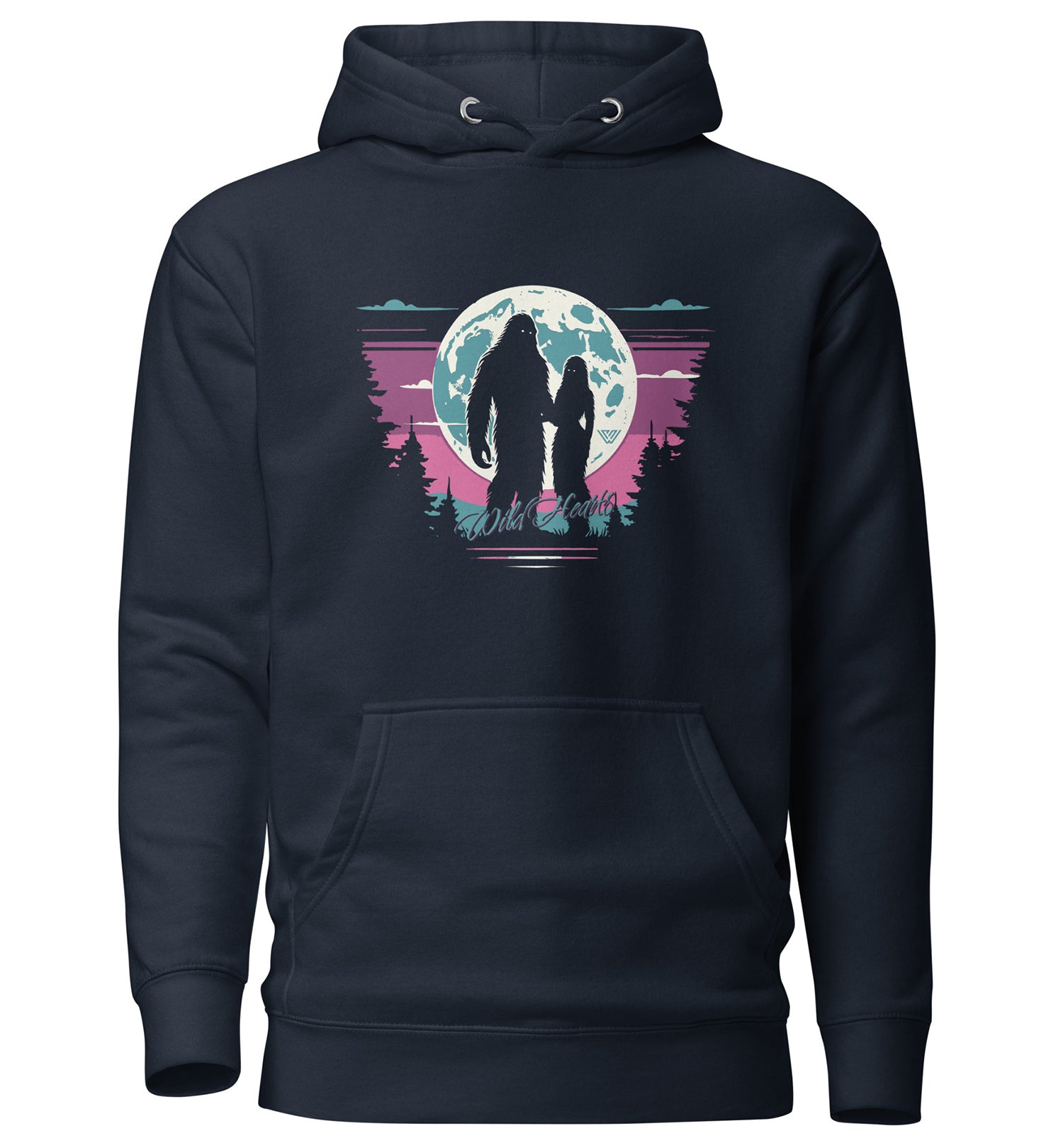 Navy blue hoodie with a graphic of a sasquatch couple under a moonlit sky.