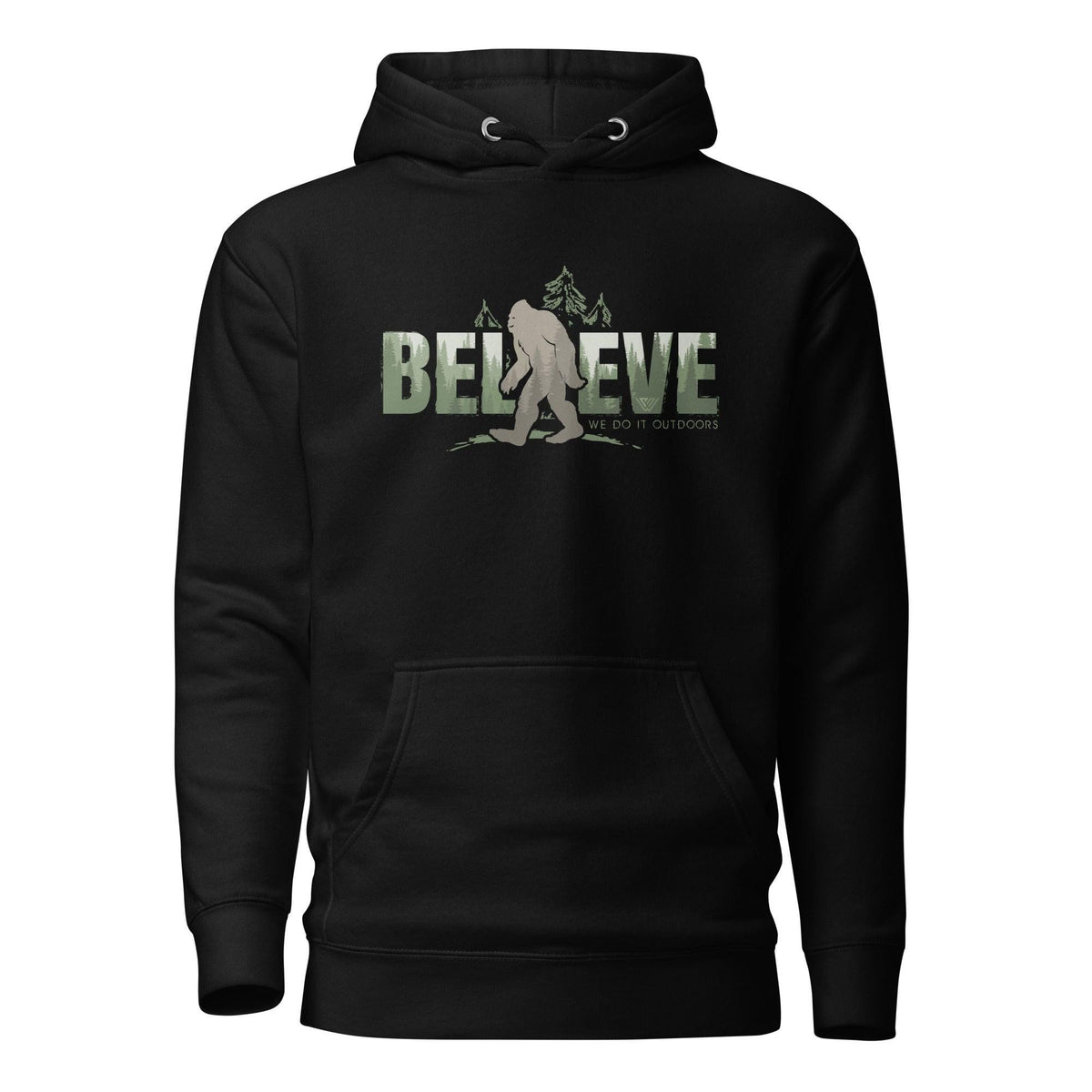 Black hoodie with Bigfoot, 'Believe' text, and trees on a white background