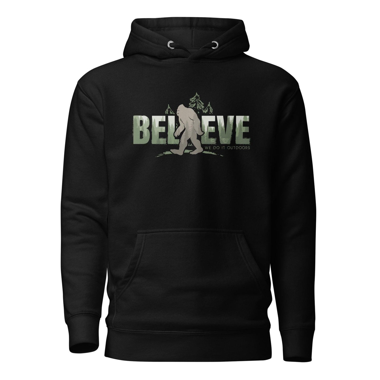 Black hoodie with Bigfoot, 'Believe' text, and trees on a white background