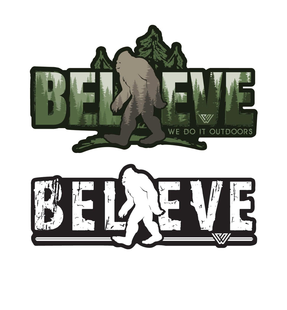 Two Bigfoot 'BELIEVE' stickers featuring a Bigfoot silhouette with green and white text on a white background.