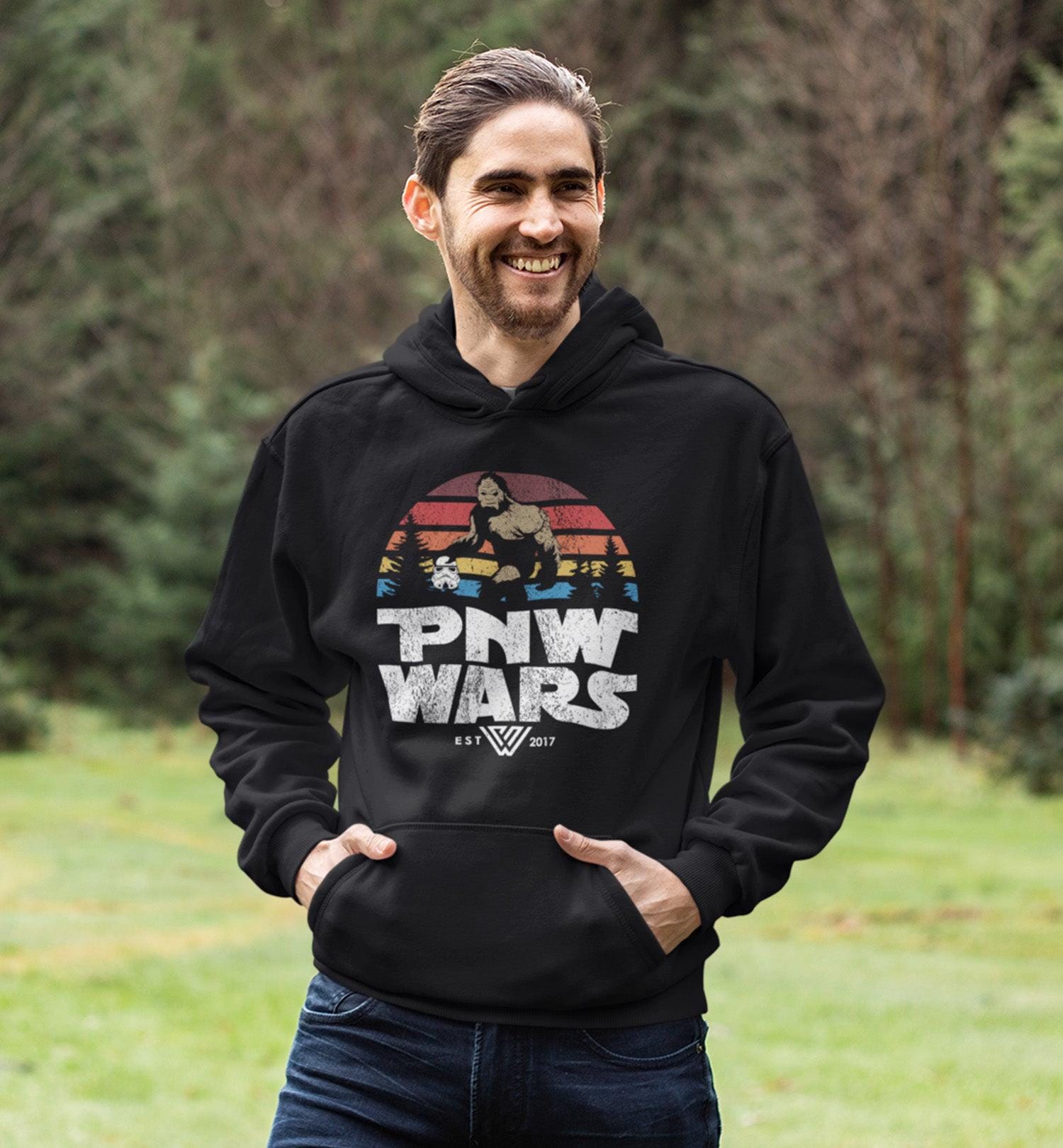 PNW Wars Retro Sunset Pullover Bigfoot Hoodie - Front