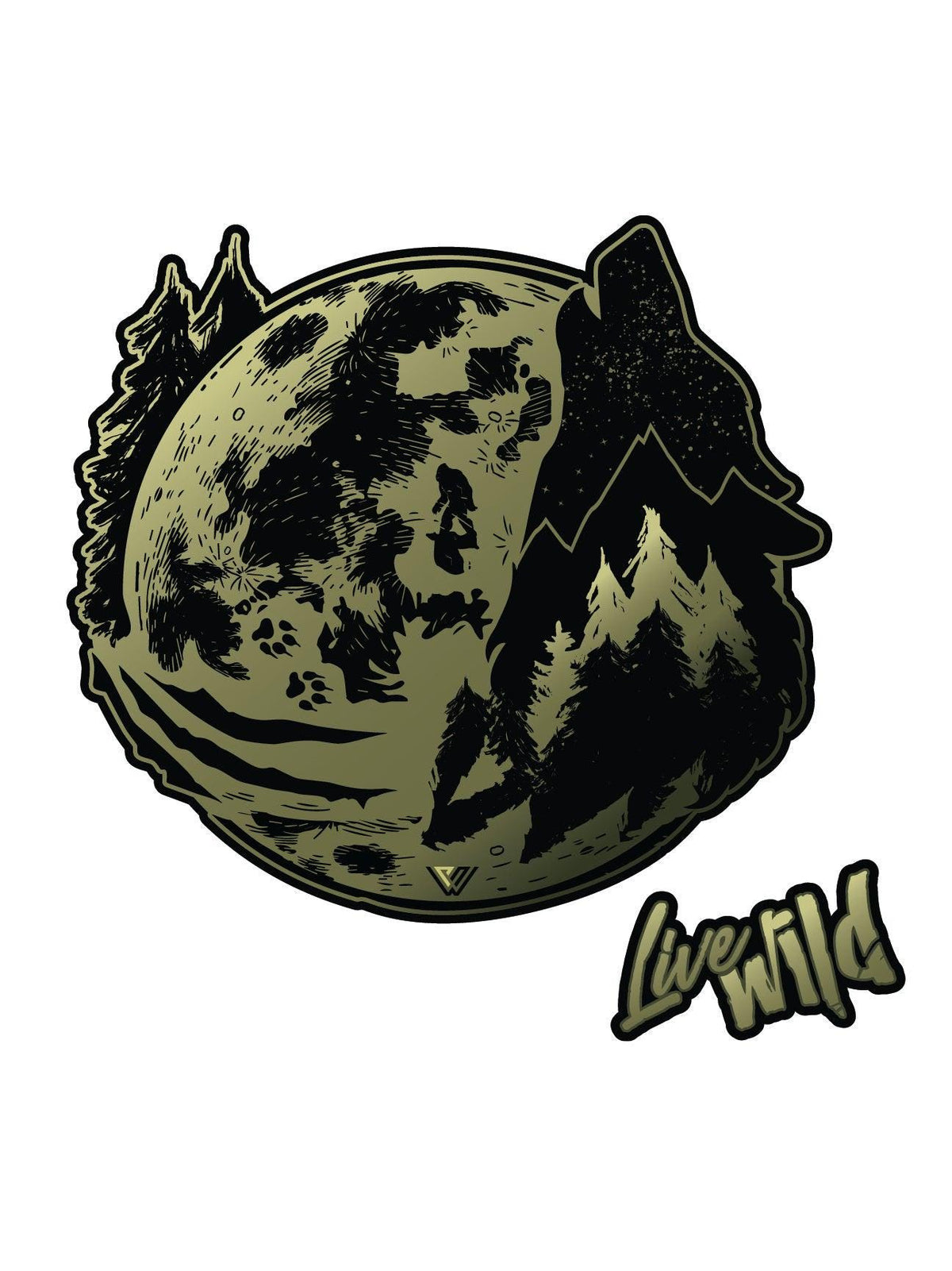 Stylized PNW sticker illustration of a wolf and trees with 'Live Wild' text
