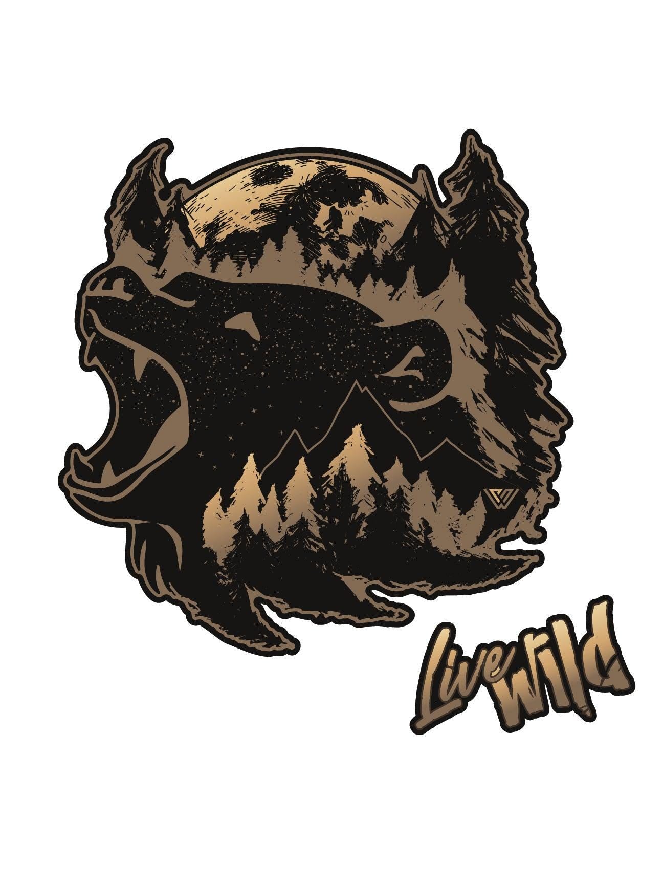 Stylized bear head sticker with mountains and 'Live Wild' text on a white background