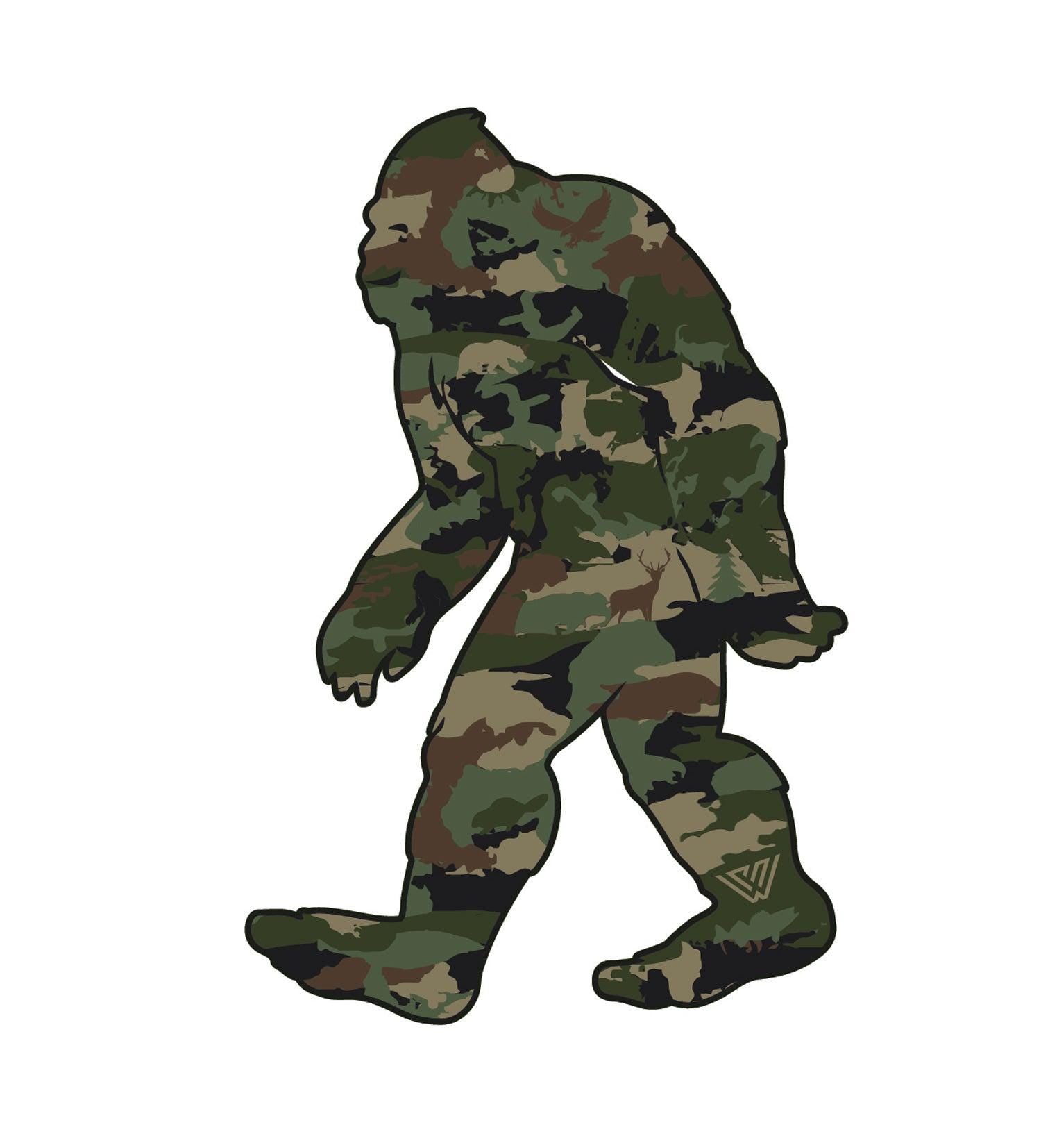 Camouflage Bigfoot silhouette sticker on a white background