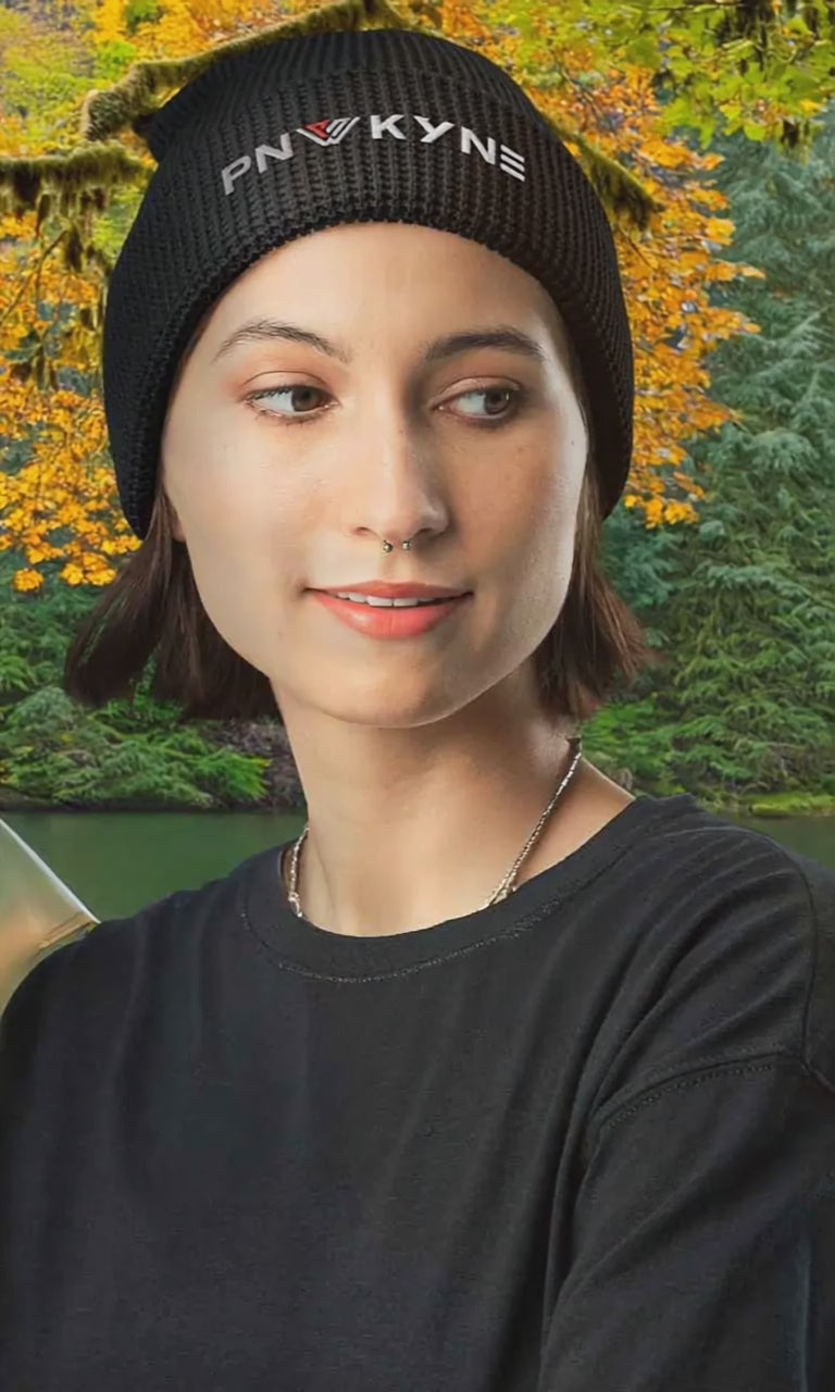 Woman wearing a 
PNW KYNE Logo Waffle Beanie