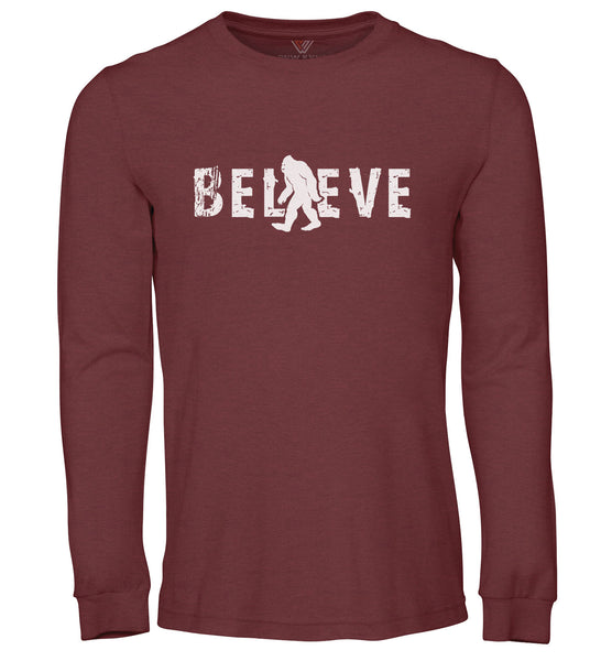 Bigfoot Shirt - Believe - Long Sleeve - Front - Heather Cardinal