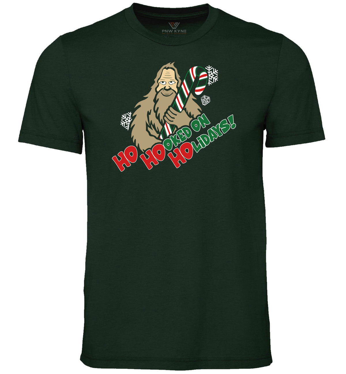 Bigfoot Shirt - Hooked on Holidays - Short Sleeve - Front - Heather Emerald