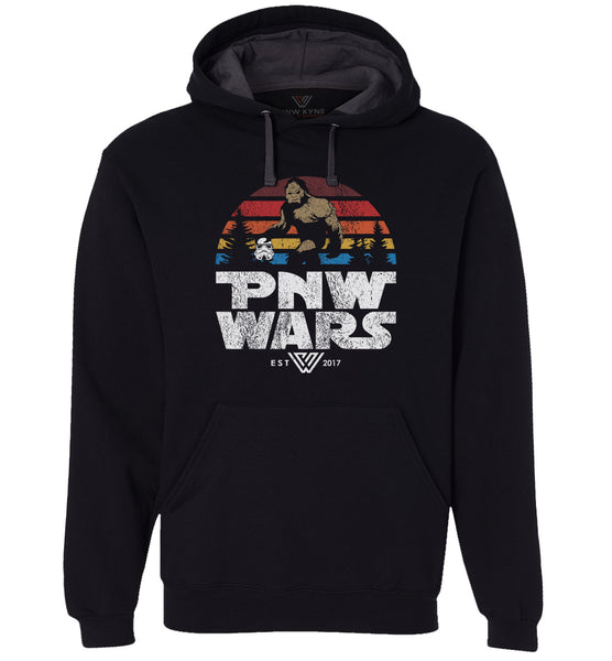 PNW Wars Retro Sunset Bigfoot Pullover Hoodie Sweatshirt - Black