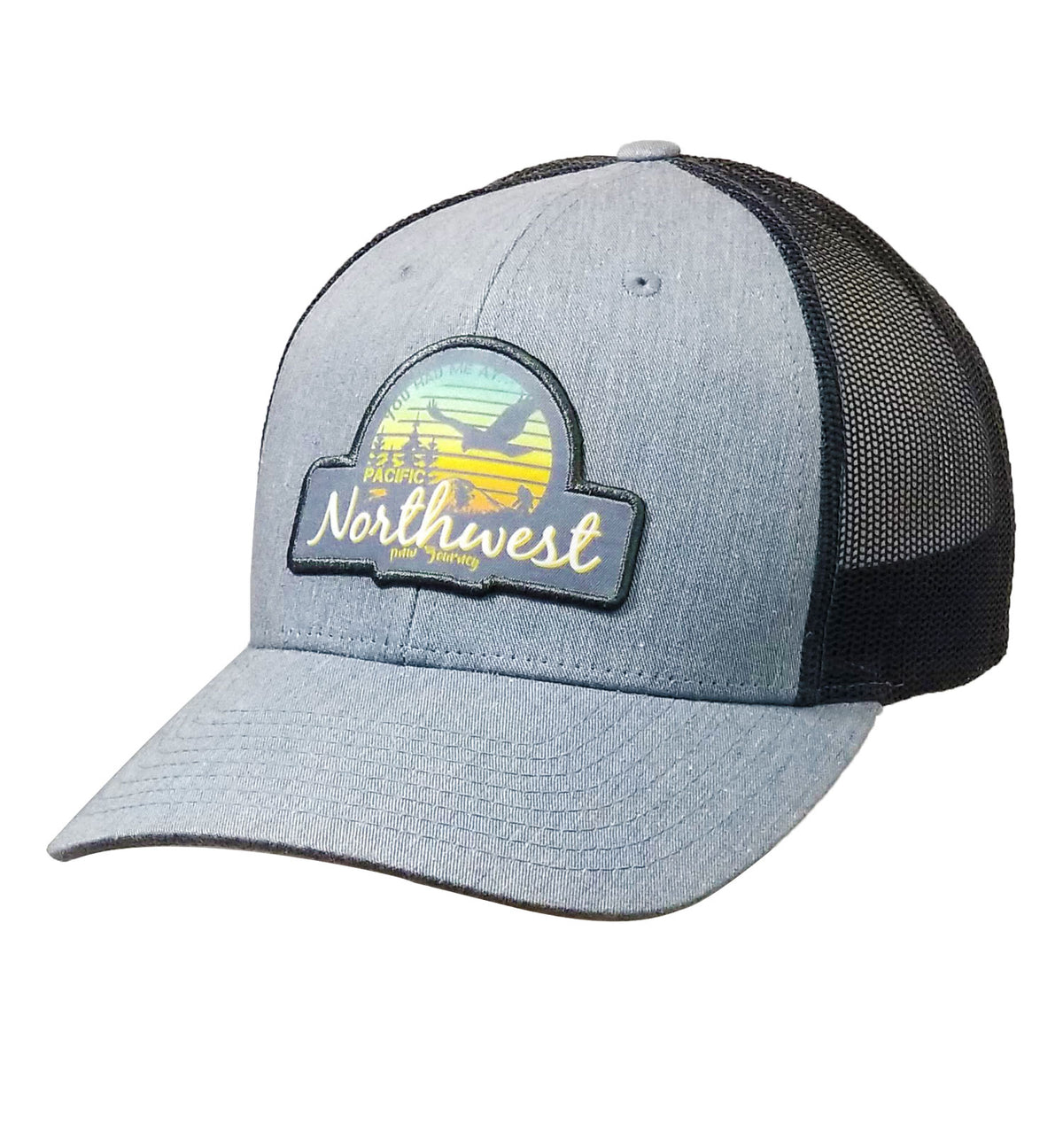 PNW Hat - Sunset - 6 Panel Trucker - Front - Heather Grey Dark Charcoal