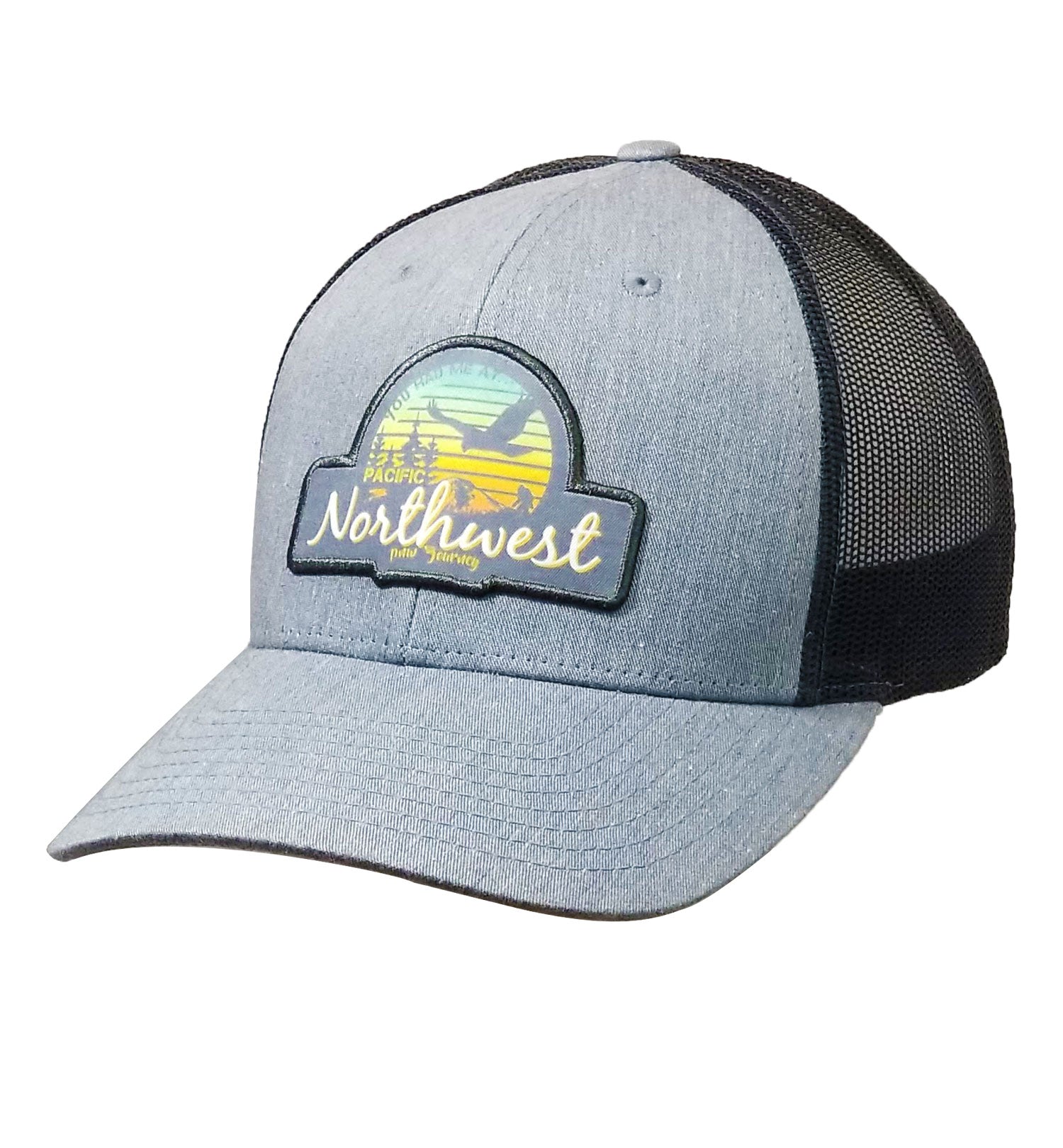 PNW Hat - Sunset - 6 Panel Trucker - Front - Heather Grey Dark Charcoal